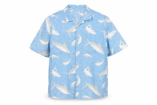 Lands' End Women's Blue Shark Print Button-Up Shirt UK 20 Short Sleeve
