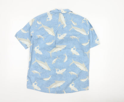 Lands' End Women's Blue Shark Print Button-Up Shirt UK 20 Short Sleeve