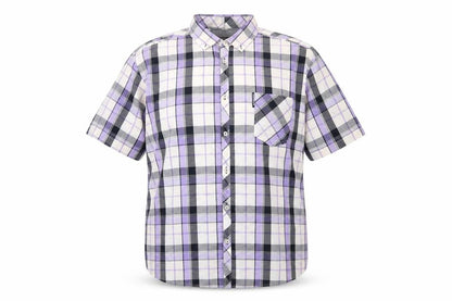 Front view of Lambretta Men’s XL Purple Plaid Short Sleeve Button-Up Shirt