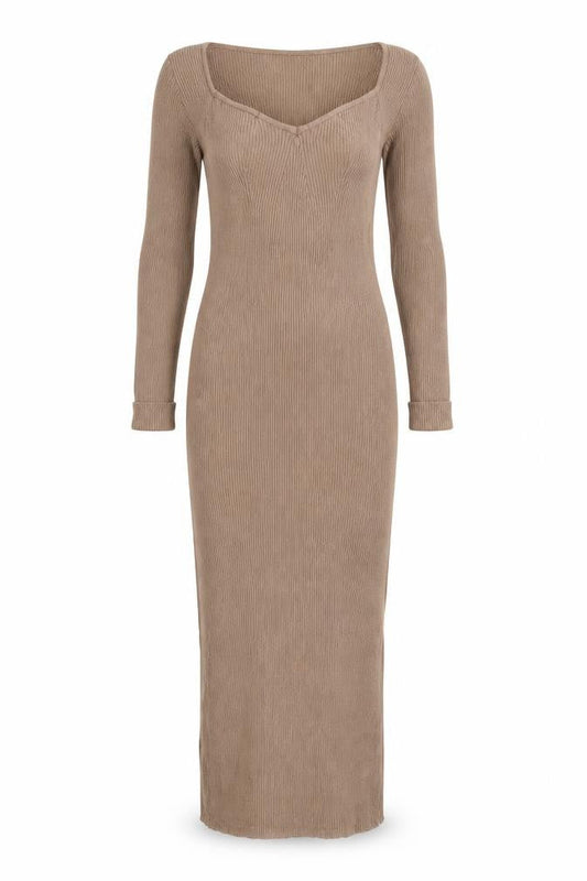 Misspap Women Brown S Ribbed Knit Maxi Jumper Dress Long Sleeve