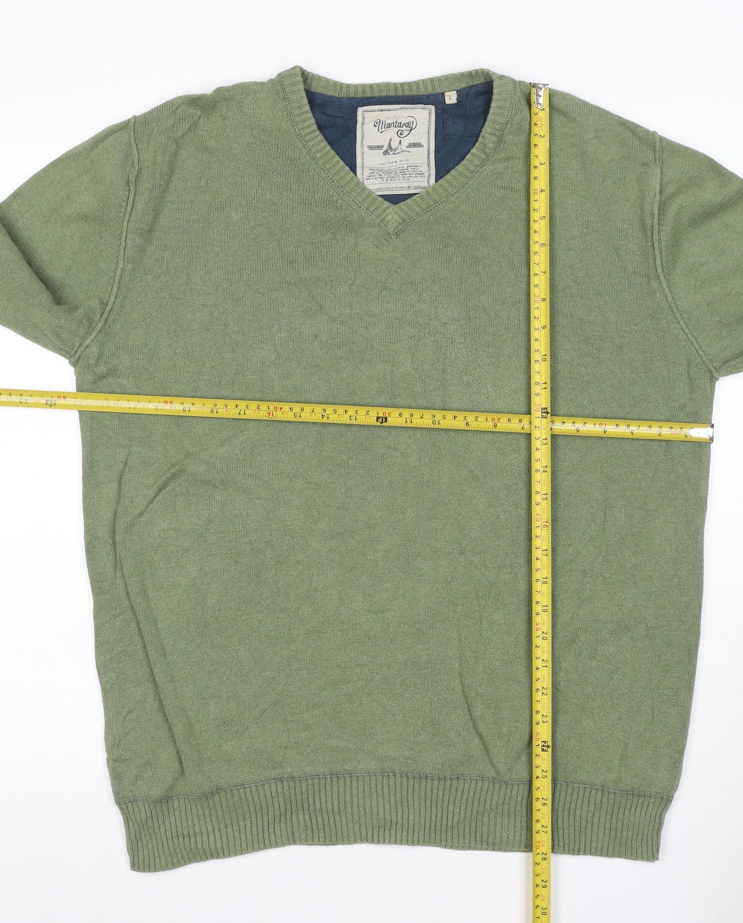 Mantaray Men’s Green L V-Neck Cotton Knit Pullover Jumper