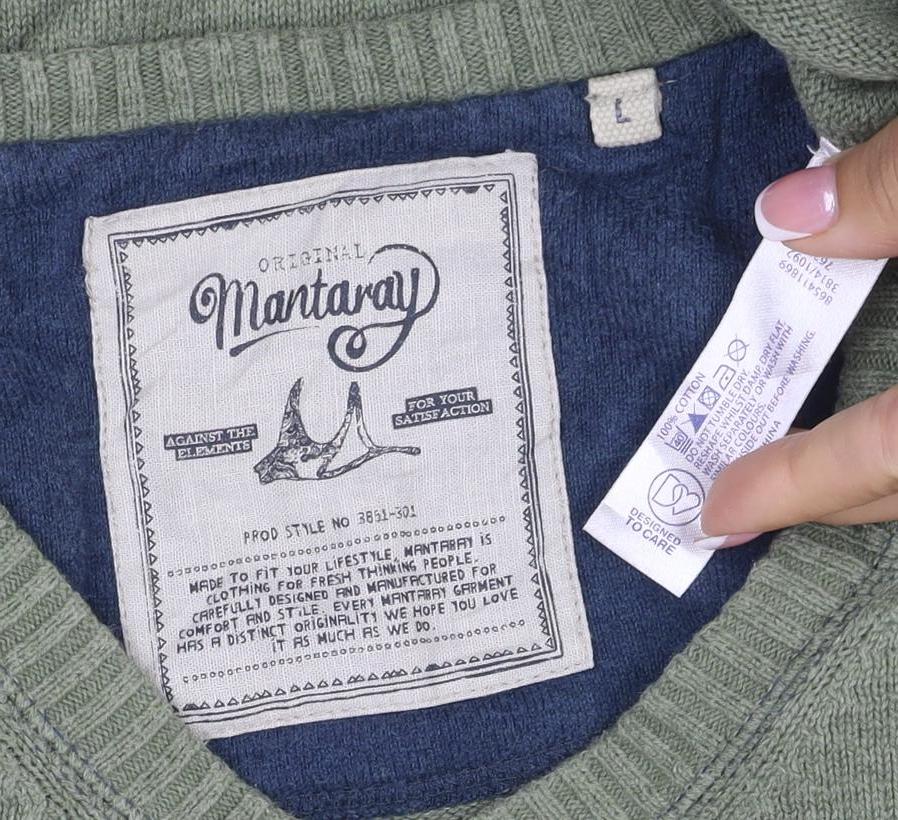 Mantaray Men’s Green L V-Neck Cotton Knit Pullover Jumper