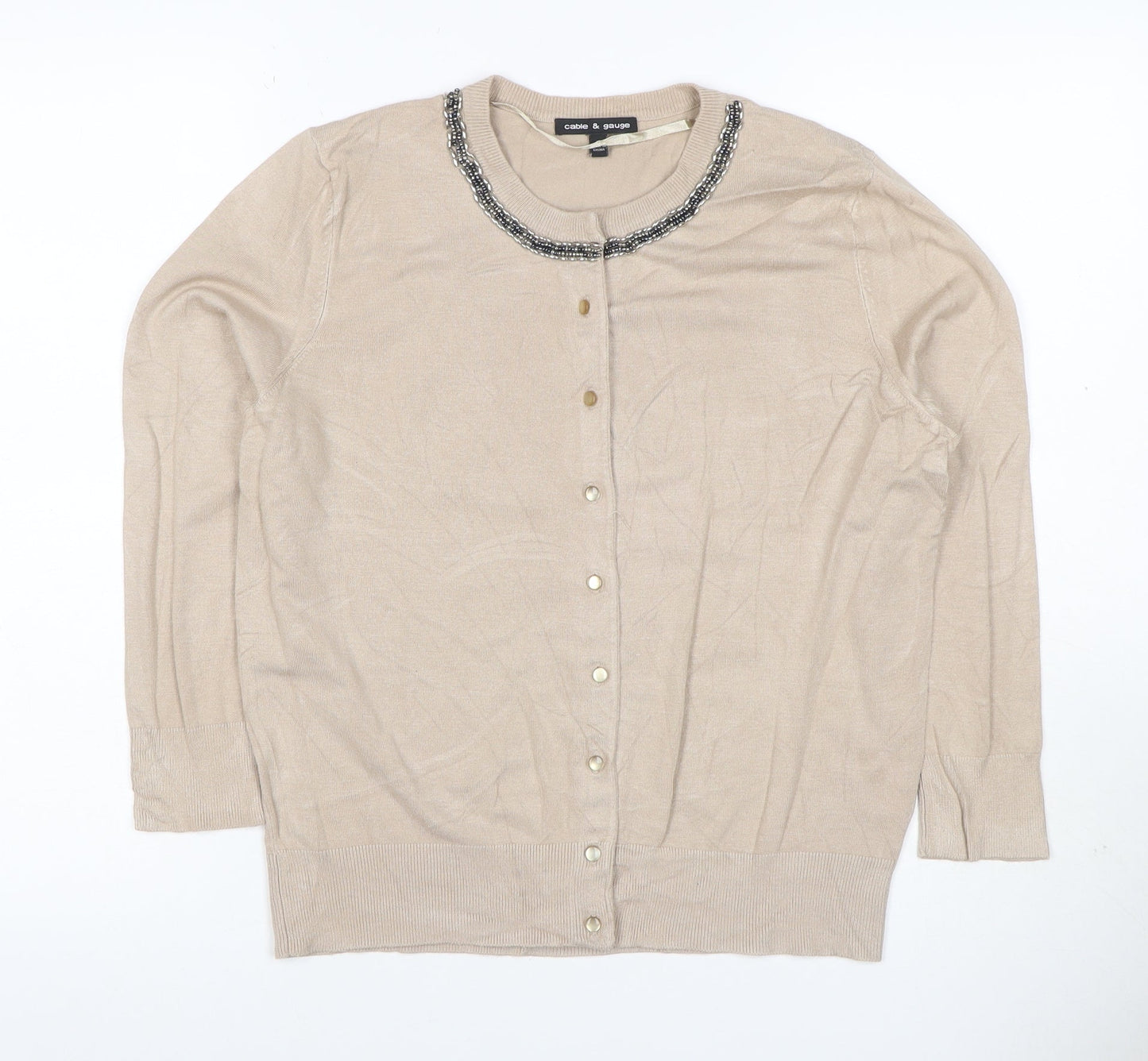 Cable & Gauge Women Beige M Beaded Jewel Neck Knit Cardigan