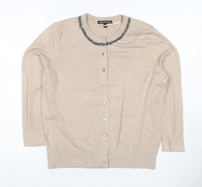 Cable & Gauge Women Beige M Beaded Jewel Neck Knit Cardigan