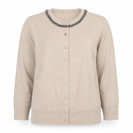 Cable & Gauge Women Beige M Beaded Jewel Neck Knit Cardigan