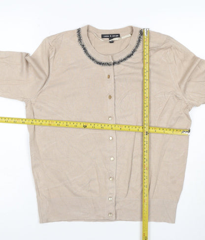 Cable & Gauge Women Beige M Beaded Jewel Neck Knit Cardigan