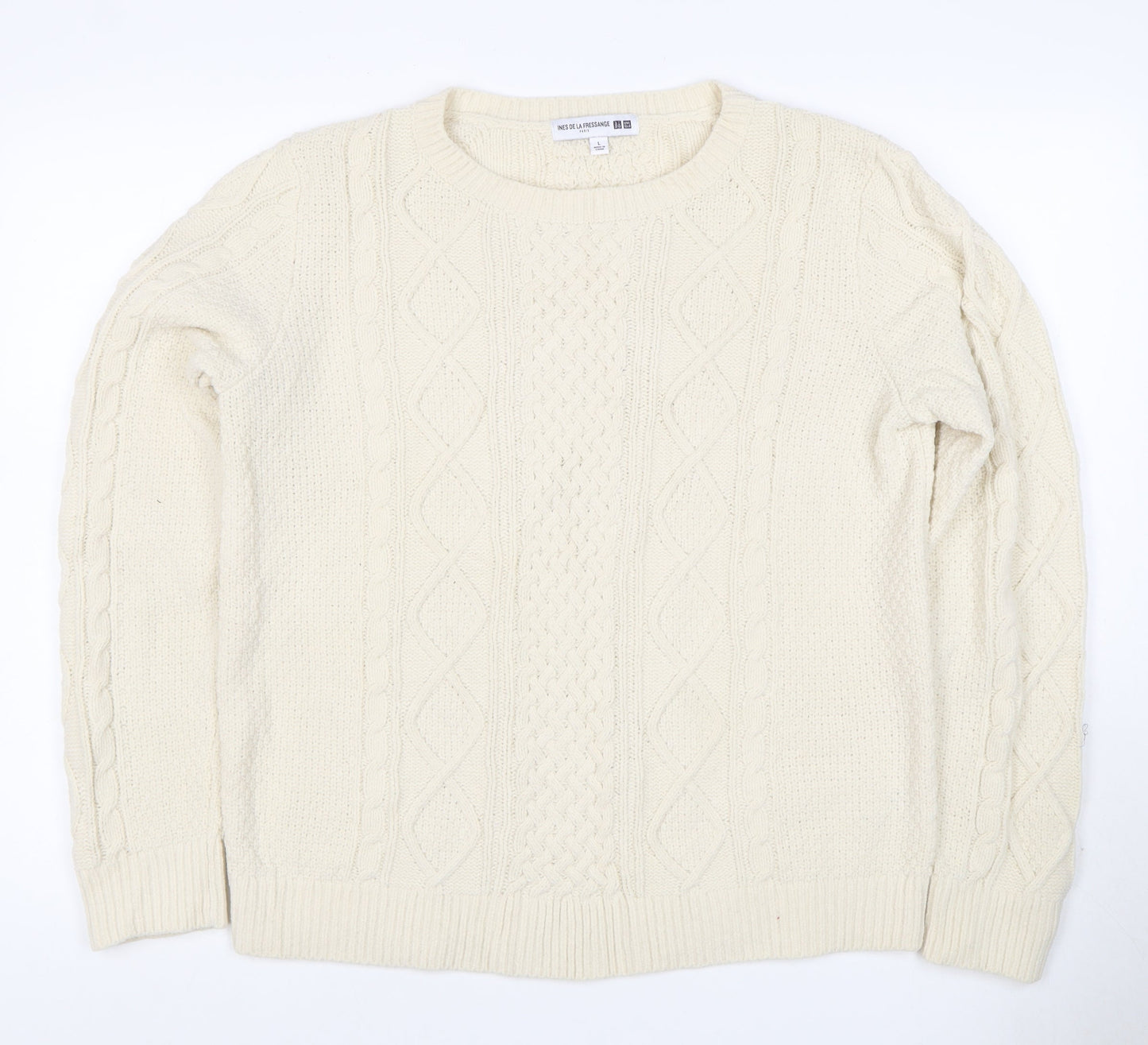 Ines de la Fressange Women Ivory L Cable-Knit Wool Crew Neck Jumper