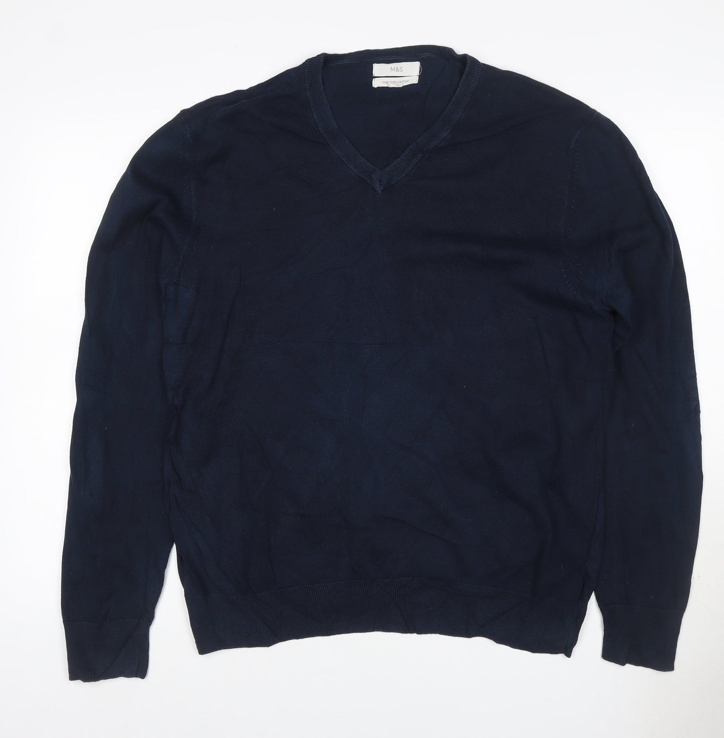 Marks and Spencer Men Blue XL Cotton V-Neck Pullover Jumper