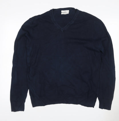 Marks and Spencer Men Blue XL Cotton V-Neck Pullover Jumper