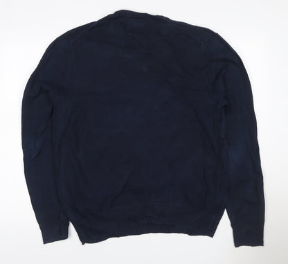 Marks and Spencer Men Blue XL Cotton V-Neck Pullover Jumper