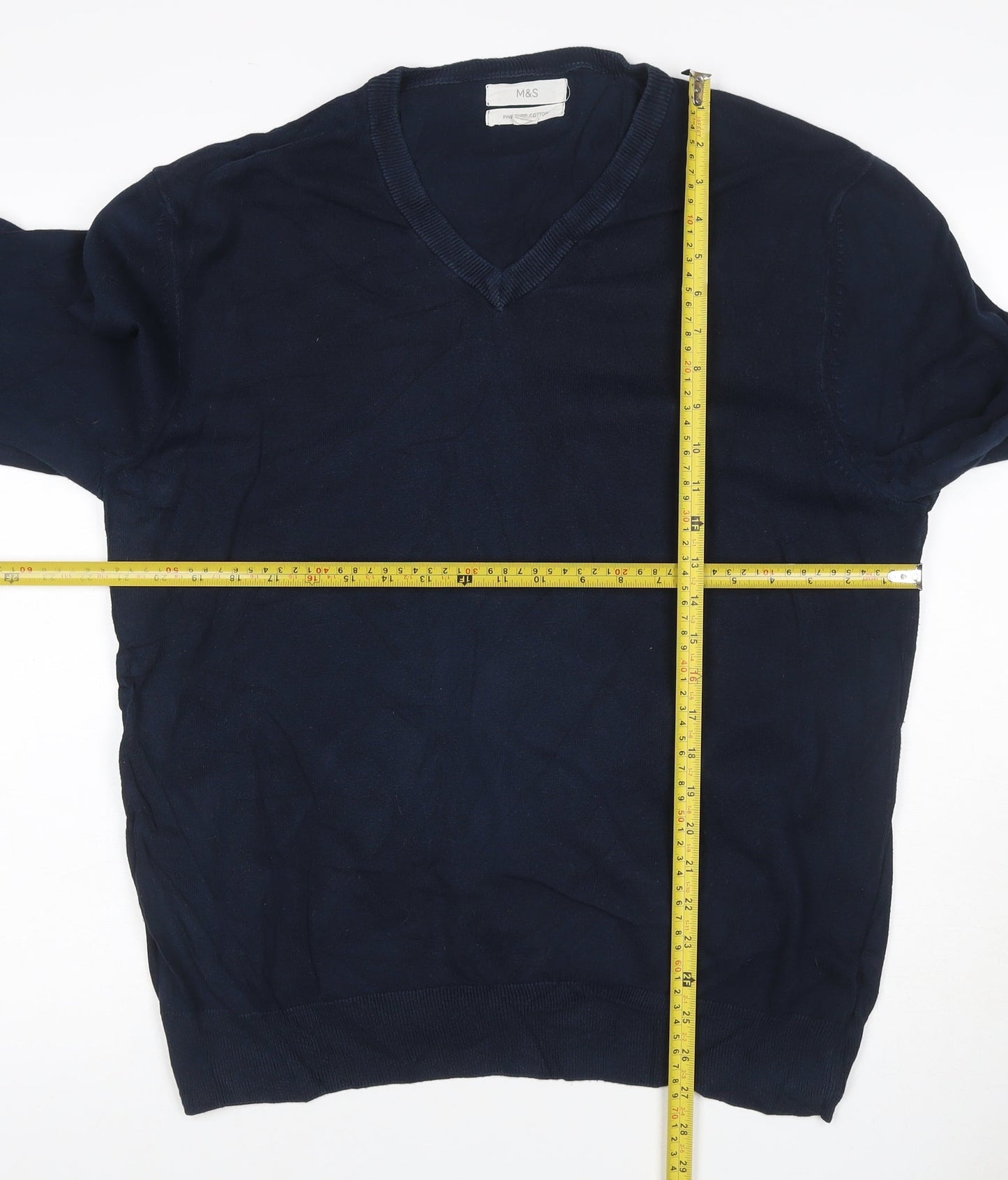 Marks and Spencer Men Blue XL Cotton V-Neck Pullover Jumper