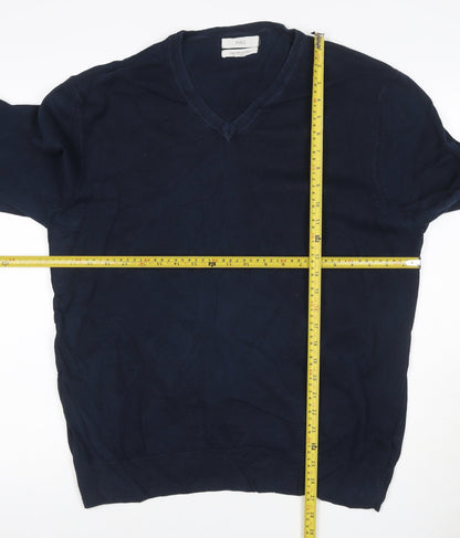 Marks and Spencer Men Blue XL Cotton V-Neck Pullover Jumper