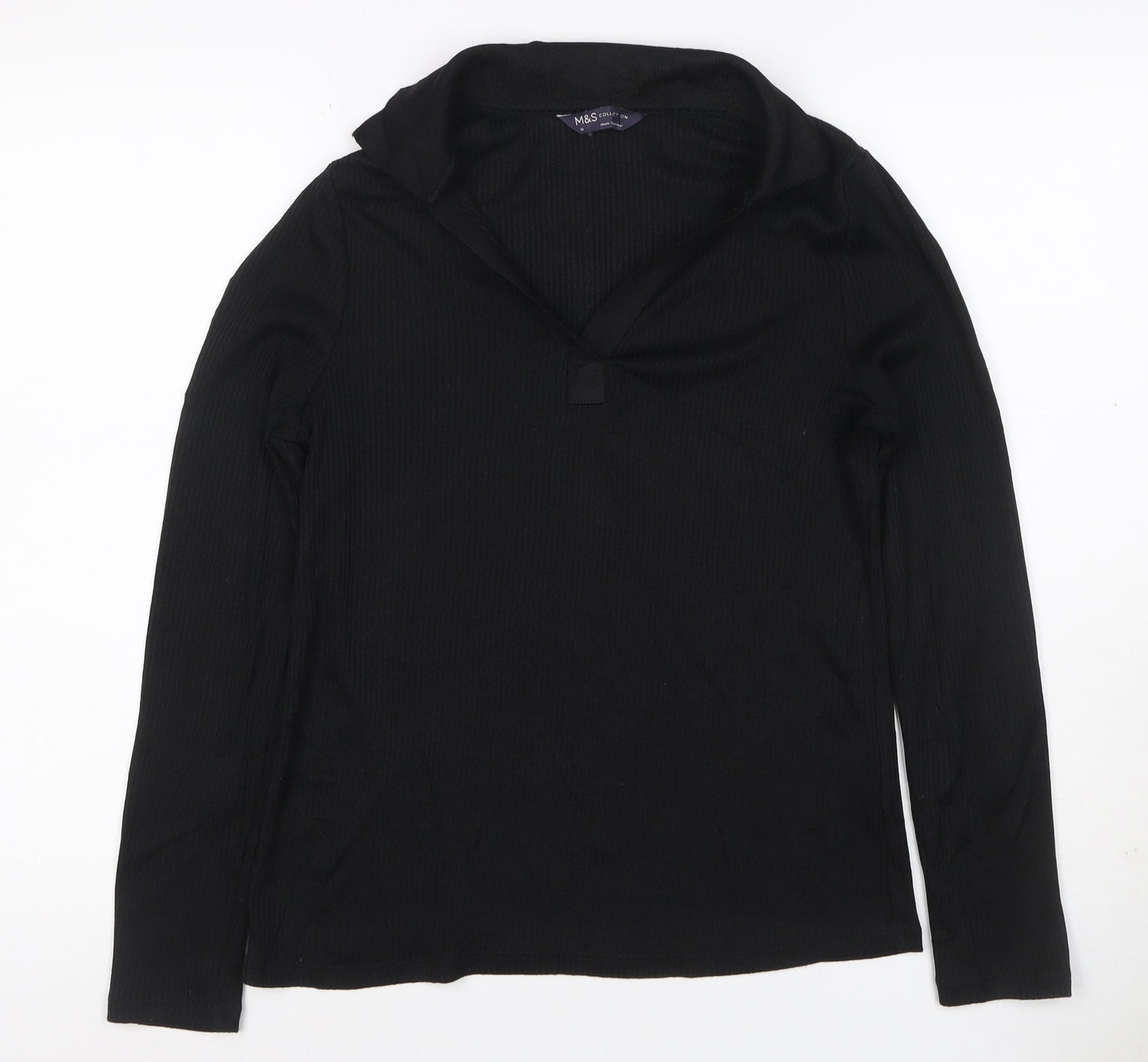 M&S Women’s Black UK 10 Ribbed Knit V-Neck Long Sleeve Blouse