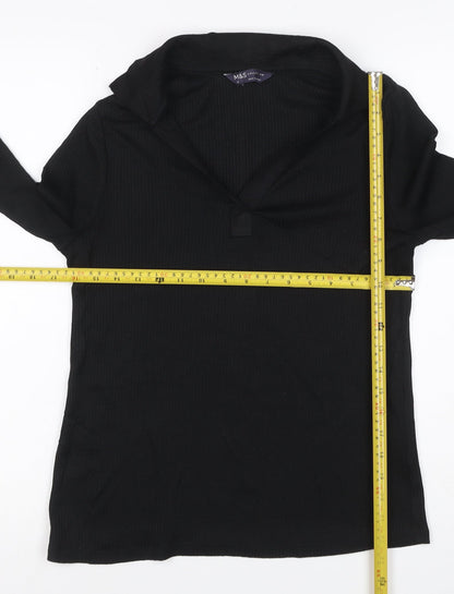 M&S Women’s Black UK 10 Ribbed Knit V-Neck Long Sleeve Blouse