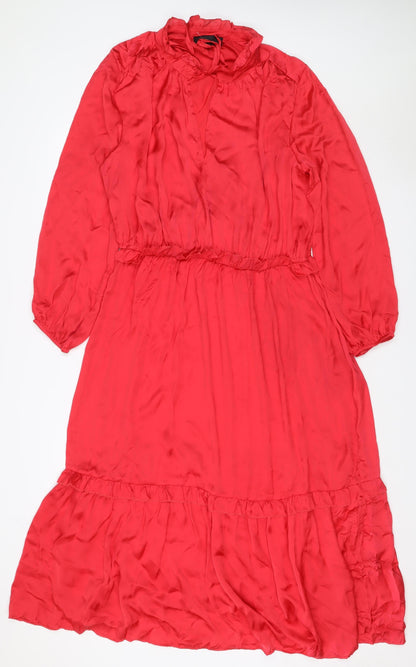Next Women Red UK 18 Knee Length Fit & Flare Ruffle Long Sleeve Dress