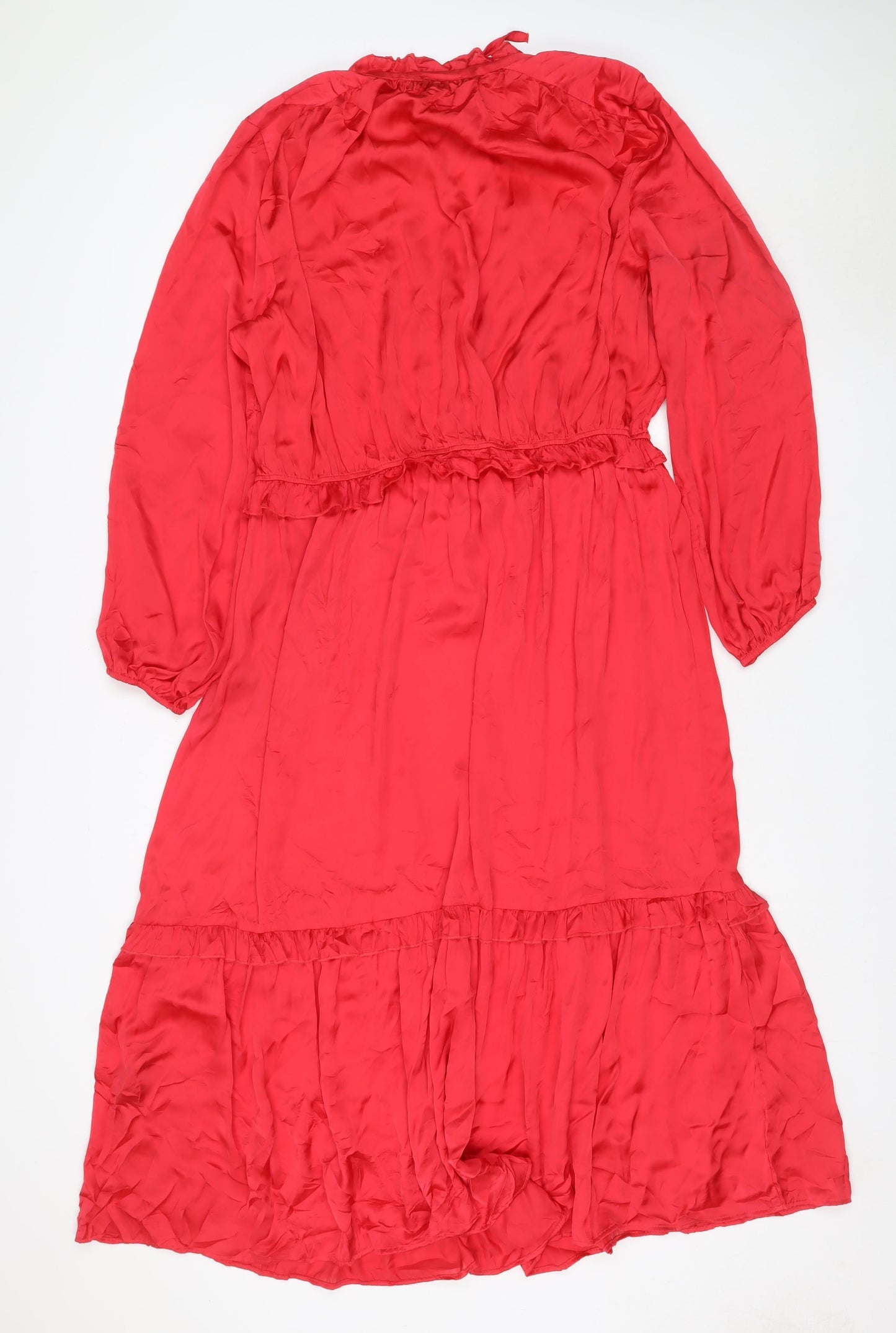 Next Women Red UK 18 Knee Length Fit & Flare Ruffle Long Sleeve Dress