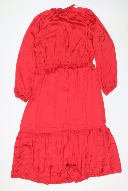 Next Women Red UK 18 Knee Length Fit & Flare Ruffle Long Sleeve Dress