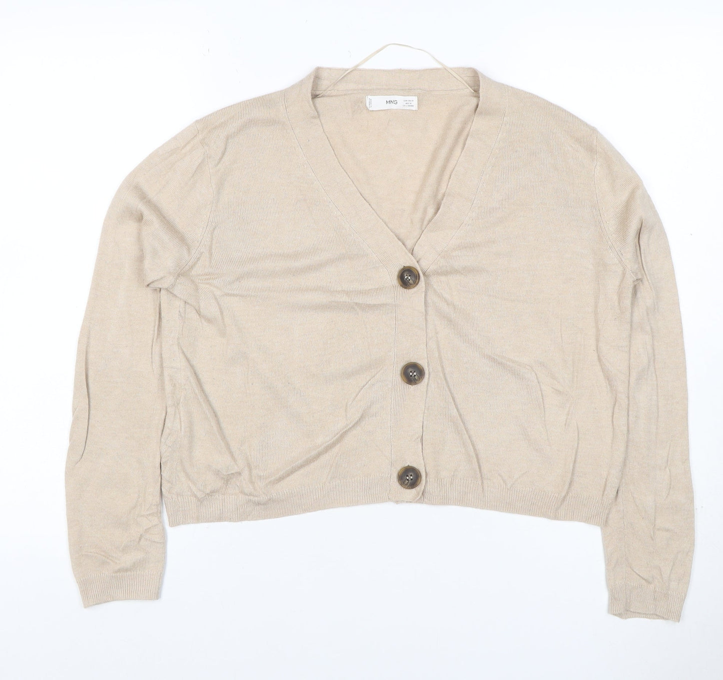 MNG Women Beige UK 12 V-Neck Button Knit Cardigan Long Sleeve
