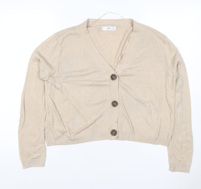 MNG Women Beige UK 12 V-Neck Button Knit Cardigan Long Sleeve
