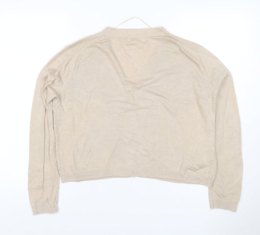 MNG Women Beige UK 12 V-Neck Button Knit Cardigan Long Sleeve