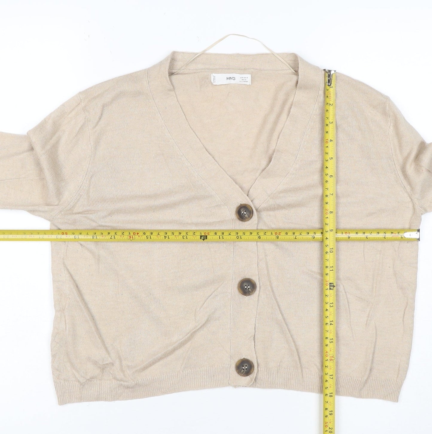 MNG Women Beige UK 12 V-Neck Button Knit Cardigan Long Sleeve