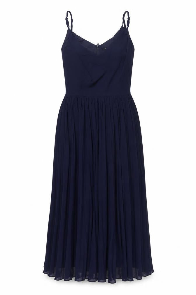 Front view of Roman Women Blue UK 12 Pleated Chiffon Maxi Occasion Dress