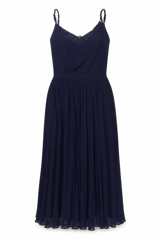 Front view of Roman Women Blue UK 12 Pleated Chiffon Maxi Occasion Dress