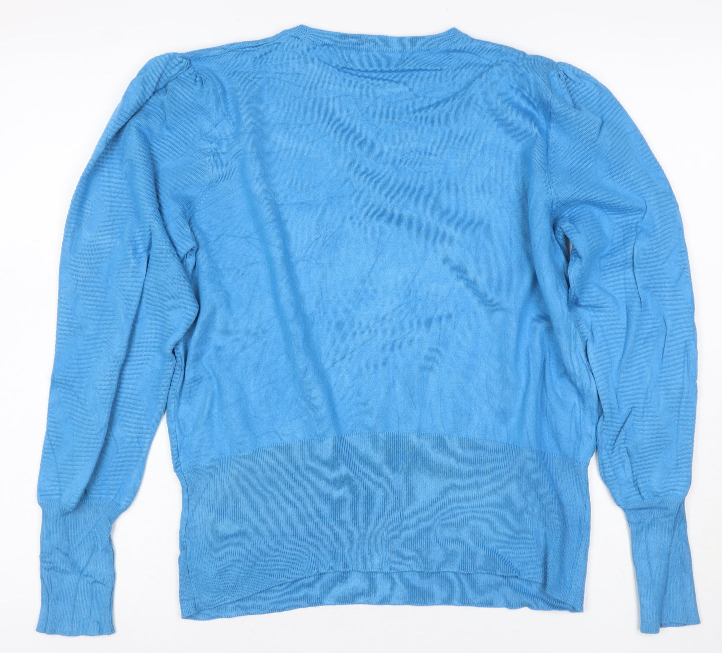 M&S Womens Blue L Crew Neck Puff Sleeve Viscose Knit Jumper