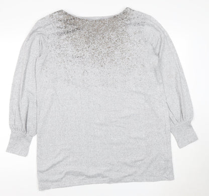 M&S Women Grey UK 16 Sheer Balloon Sleeve Round Neck Pullover Jumper