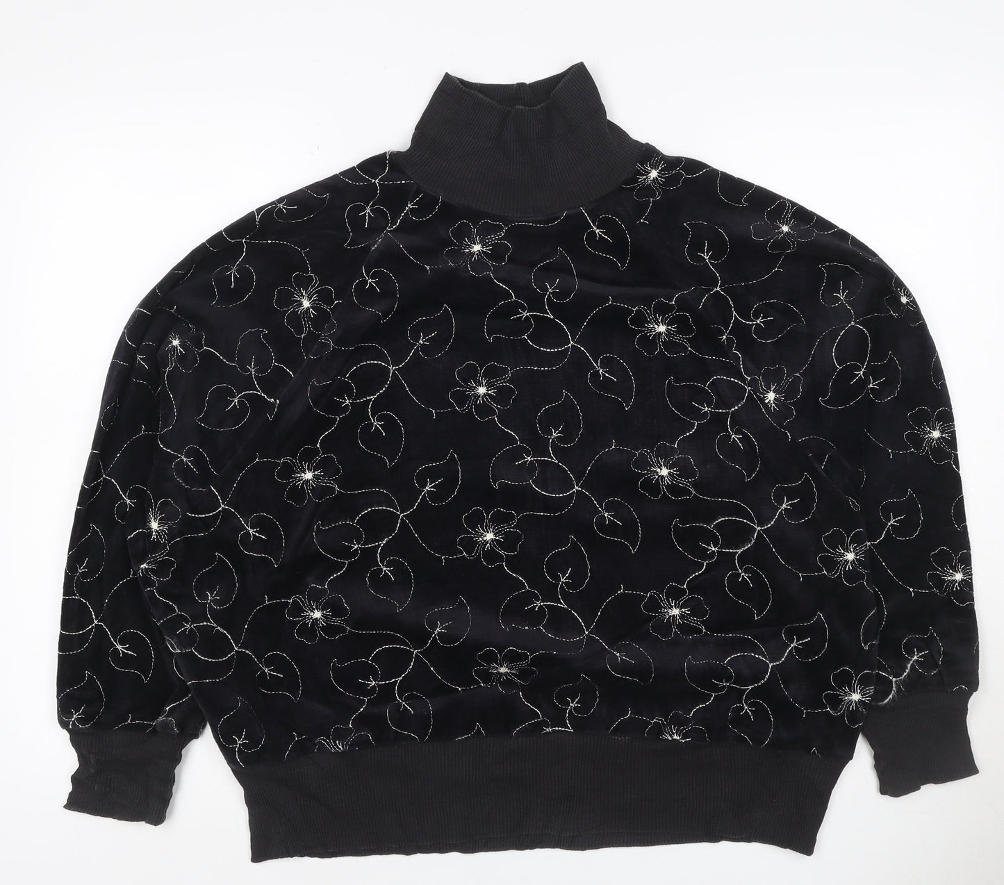 St Michael Women Black UK 18 Floral Embroidered Roll Neck Sweatshirt