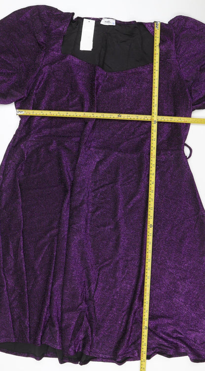 Yours Women Purple Glitter Maxi Bodycon Dress UK 26-28 Puff Sleeve
