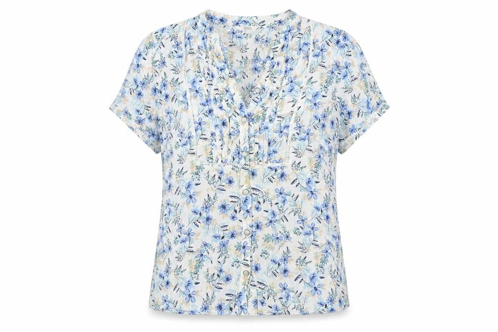 Marks and Spencer Women Blue Floral Size 16 Short Sleeve V-Neck Blouse