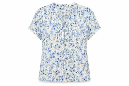 Marks and Spencer Women Blue Floral Size 16 Short Sleeve V-Neck Blouse