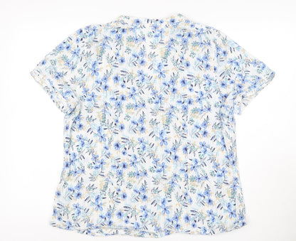 Marks and Spencer Women Blue Floral Size 16 Short Sleeve V-Neck Blouse