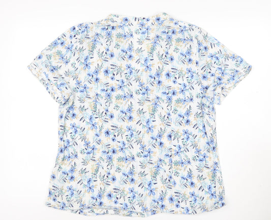 Marks and Spencer Women Blue Floral Size 16 Short Sleeve V-Neck Blouse