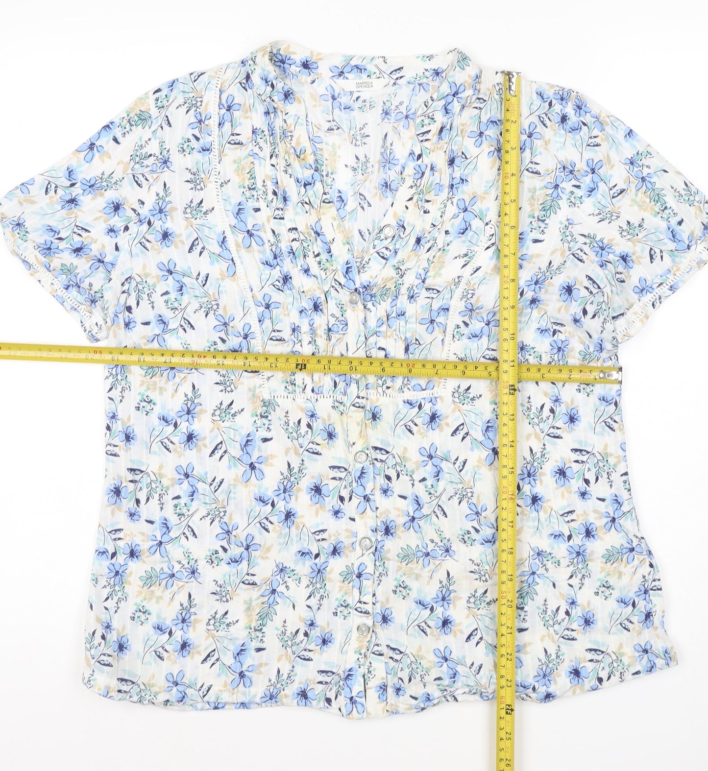 Marks and Spencer Women Blue Floral Size 16 Short Sleeve V-Neck Blouse
