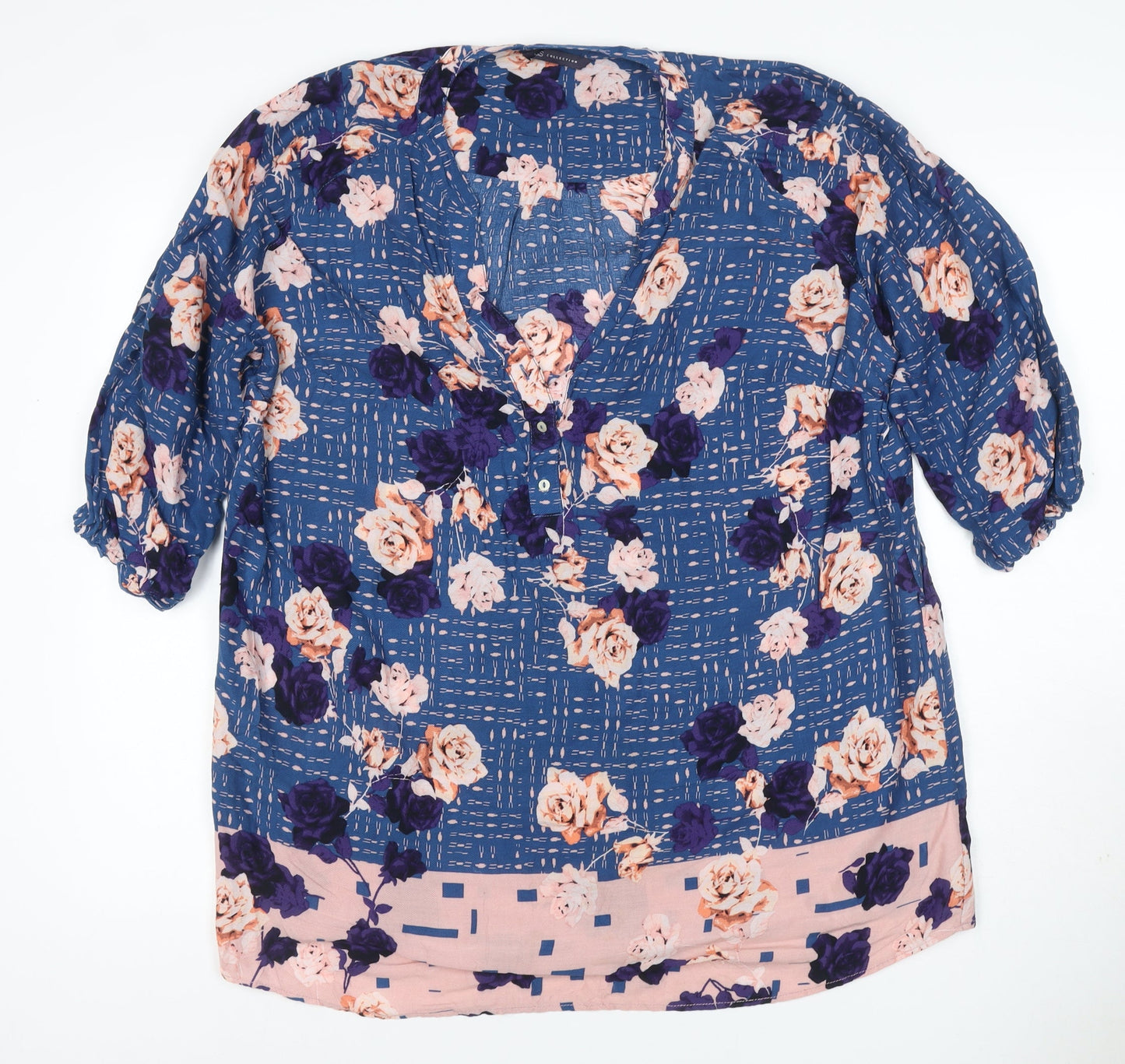 M&S Women Blue Floral V-Neck Button Blouse UK 16 Short Sleeve