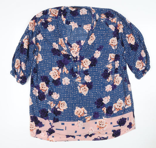 Marks & Spencer Women Blue Floral V-Neck Button Blouse UK 16 Short Sleeve