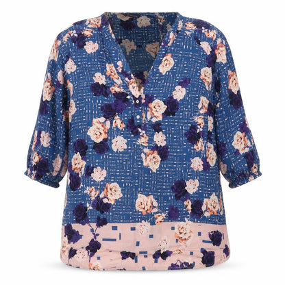 Marks & Spencer Women Blue Floral V-Neck Button Blouse UK 16 Short Sleeve
