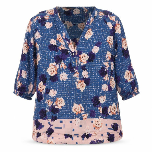 Marks & Spencer Women Blue Floral V-Neck Button Blouse UK 16 Short Sleeve