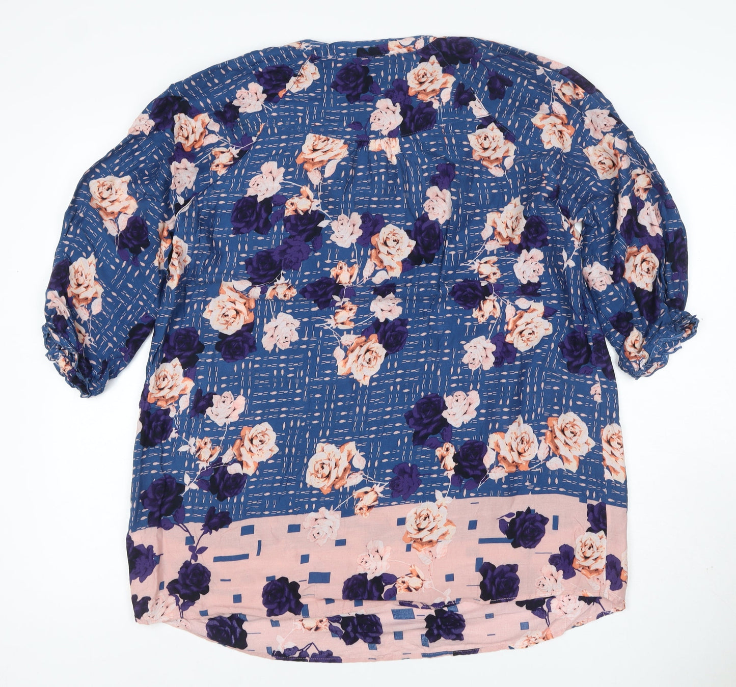 M&S Women Blue Floral V-Neck Button Blouse UK 16 Short Sleeve