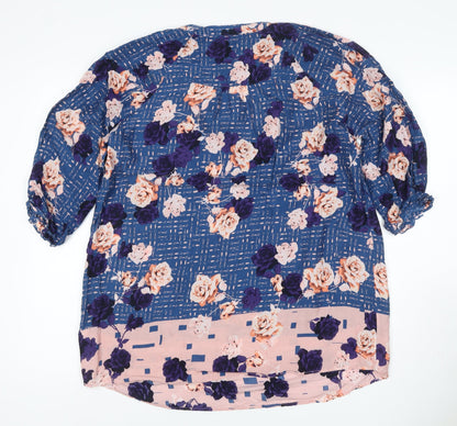 M&S Women Blue Floral V-Neck Button Blouse UK 16 Short Sleeve