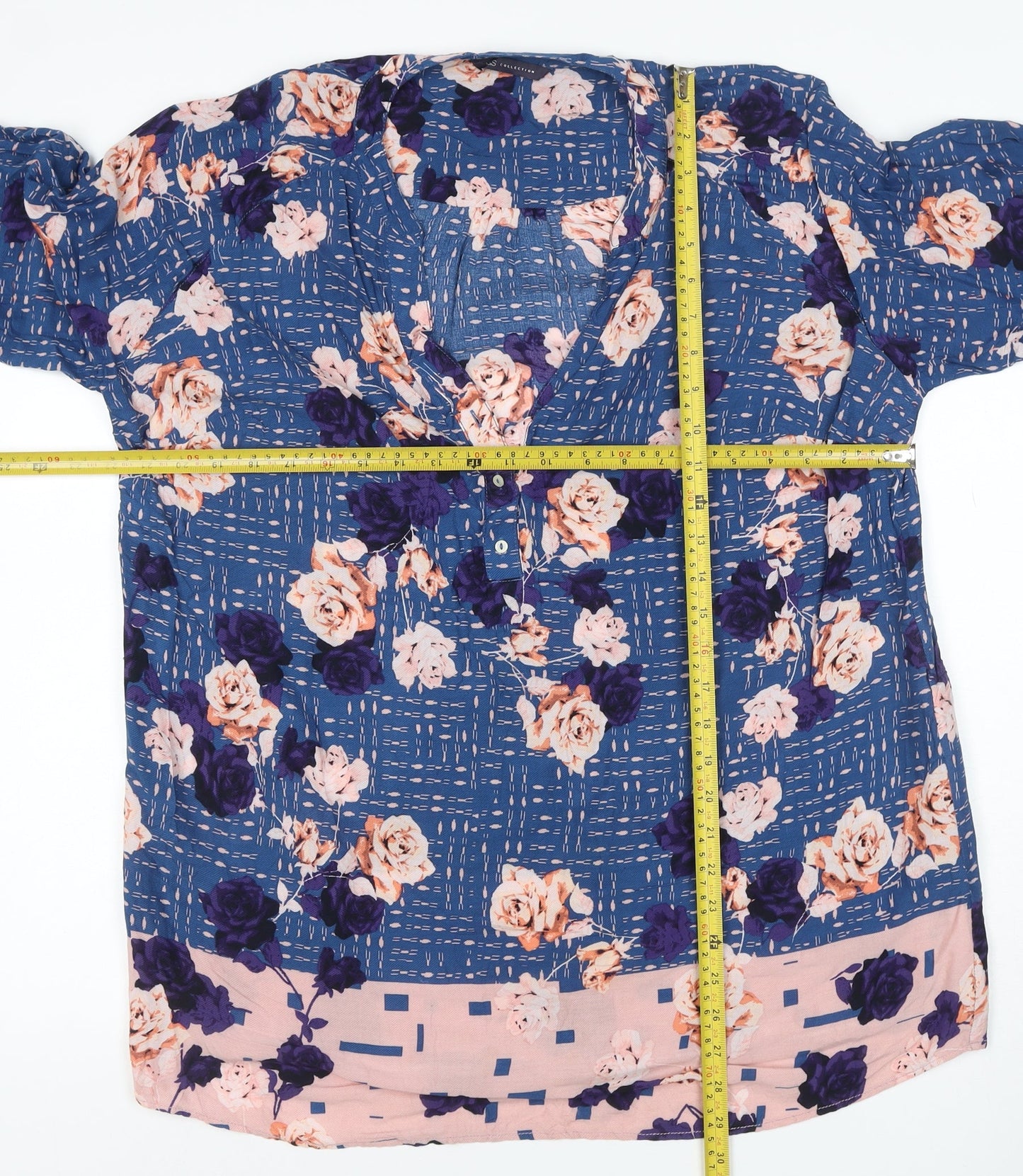 M&S Women Blue Floral V-Neck Button Blouse UK 16 Short Sleeve