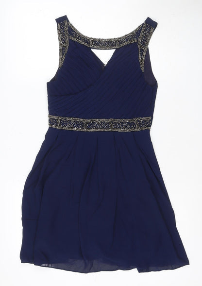 Lipsy Women Blue M Fit & Flare Beaded Pleated Party Dress