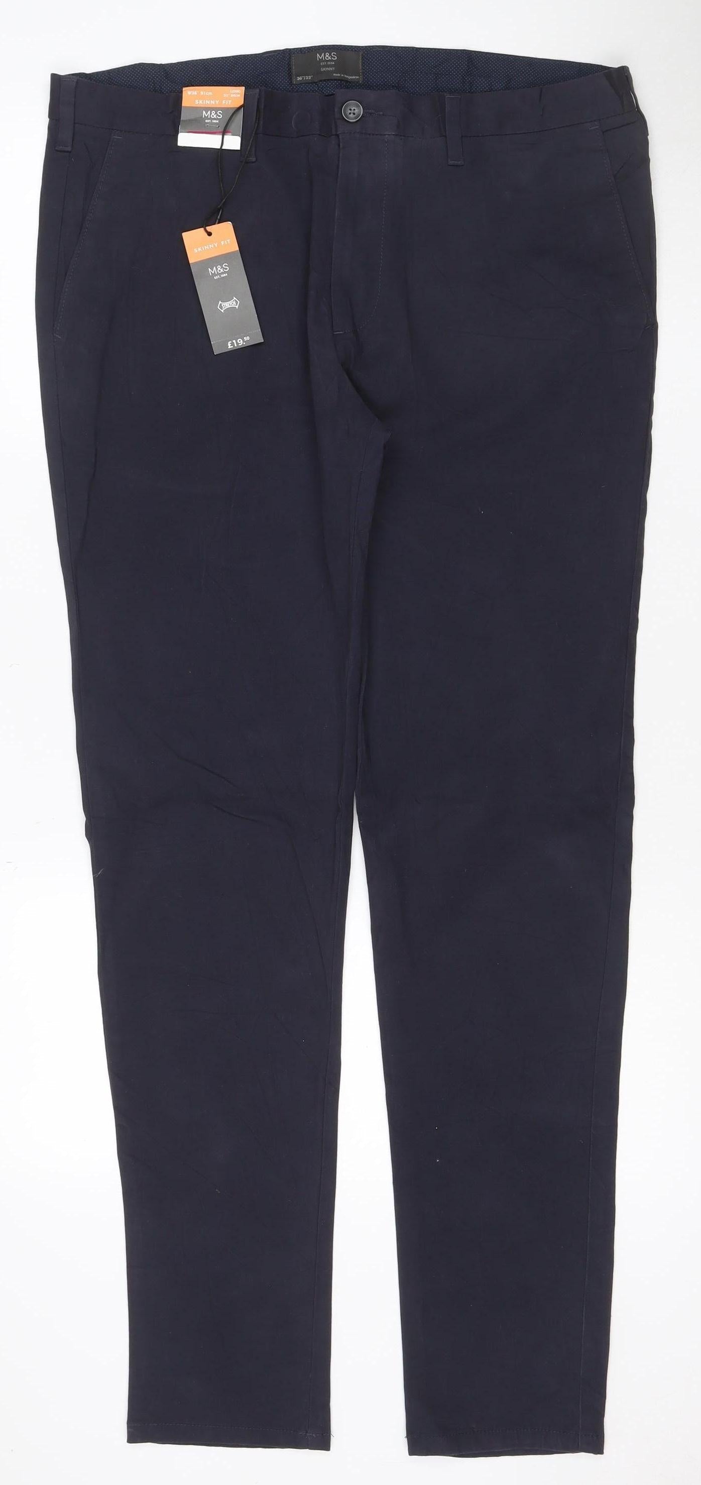 Marks & Spencer Men Blue 36/33 Skinny Fit Stretch Chino Trousers NWT