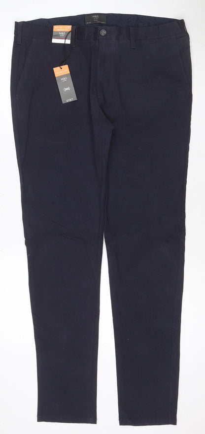 Marks & Spencer Men Blue 36/33 Skinny Fit Stretch Chino Trousers NWT