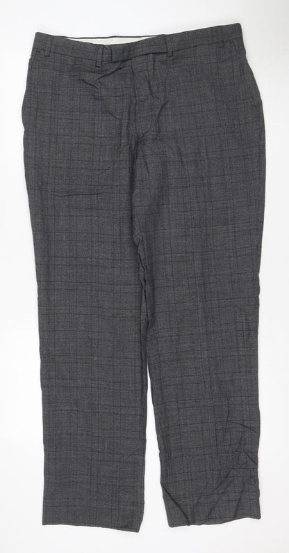 Marks & Spencer Men Grey Check Wool Dress Trousers 36/31 Regular