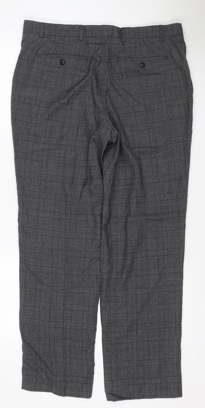 Marks & Spencer Men Grey Check Wool Dress Trousers 36/31 Regular