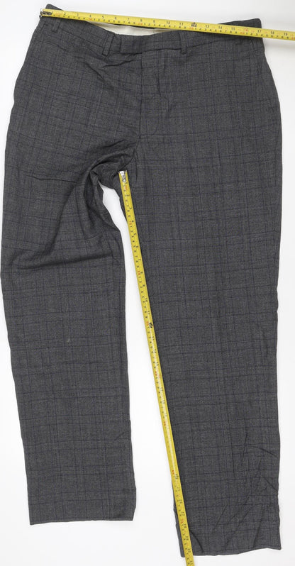 Marks & Spencer Men Grey Check Wool Dress Trousers 36/31 Regular