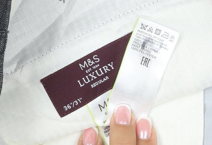 Marks & Spencer Men Grey Check Wool Dress Trousers 36/31 Regular